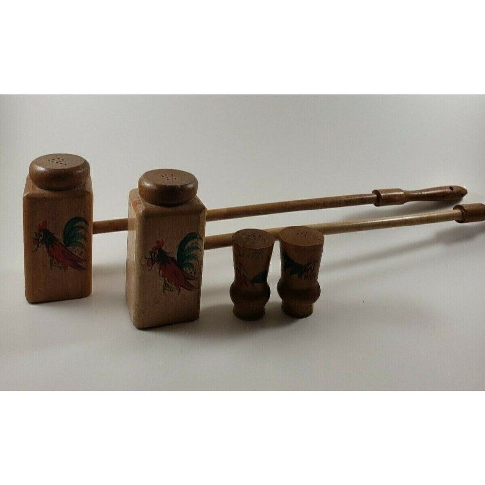 Vintage Mid Century Two Sets Wooden Salt & Pepper Shakers Rooster Chicken 1950s